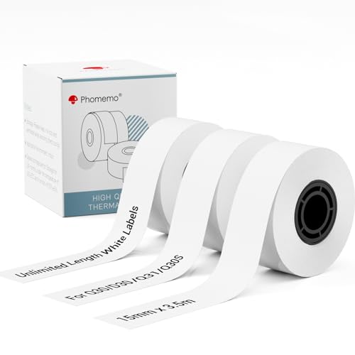 Phomemo Etiquetas Continuas Blancas Compatibles con la Etiquetadora Phomemo D30, Q30S, Q31, Etiquetas Adhesivas Térmicas de 15 mm × 6 m, Tres Rollos en una Caja