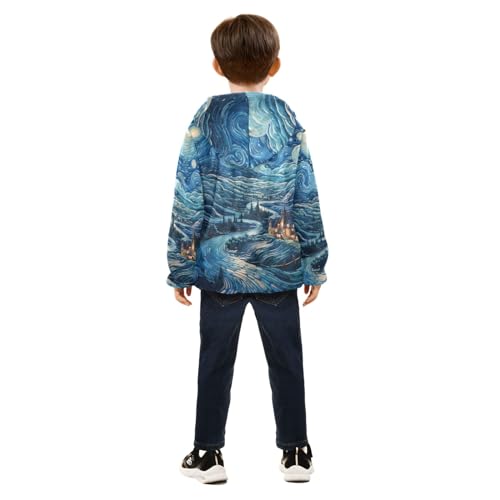 Boys Girls Fleece Jacket Peaceful Village under Starry Sky Kids Warm Hooded Outwear Coat4