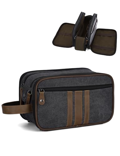 Kasgo Neceser Viaje Mujer Grande en Lona, Bolso Cosmético Impermeable con 3 Compartimentos y Soporte Cuero para Baño, Maquillaje, Gimnasio Diario, Gris