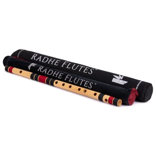 Image of Radhe Flutes Bamboo Bansuri C Sharp Right Handed Middle Octave (18 inch) With Hard Cover (Beige Flute With Black & Maroon Threads)
