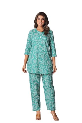 Image of Women's Pure Cotton Printed Night Suit,Top and Relaxed Pajama Set, Stylish Sleepwear, Casual Wear