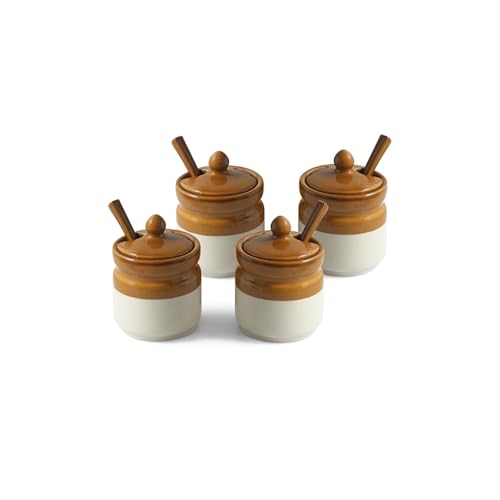 Image of ExclusiveLane 'Barni Tales' Ceramic Pickle Jars for Dining Table With Spoon & Wooden Holder (Set Of 4, Non-Airtight, 270 ml) |Pickle Jar With Spoon Achar Jar Set Achar Container Set for Dining Table|