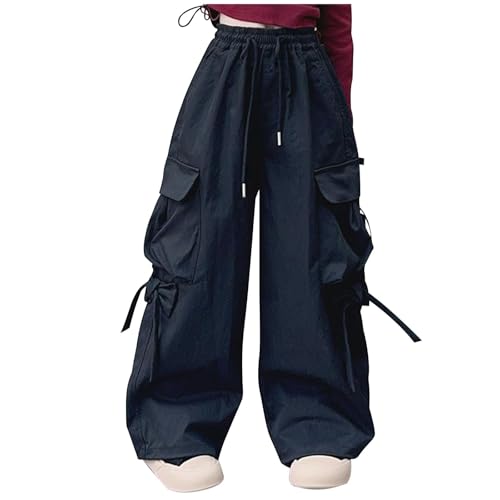 Girls Cargo Pants Lightweight Solid High Waist Drawstring Cinch Bottom Trousers Trendy Baggy Y2K Pant with Pockets