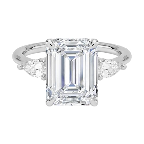 4 CT Emerald Cut Lab Grown Diamond Opera Three Stone Engagement Ring