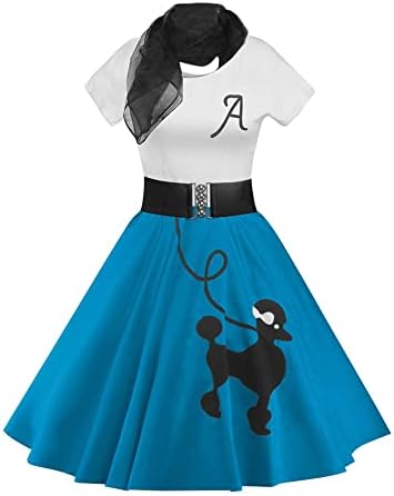 ZEZCLO Women's Retro Poodle Print Skater Dress Vintage High Waist Rockabilly Swing Tee Cocktail Party Dresses Deep Blue S