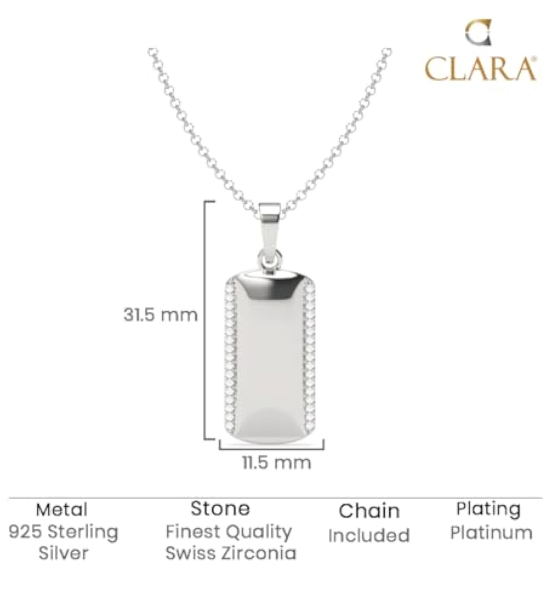 Men's Pure 925 Sterling Silver Otto Pendant Necklace, Platinum Plated
