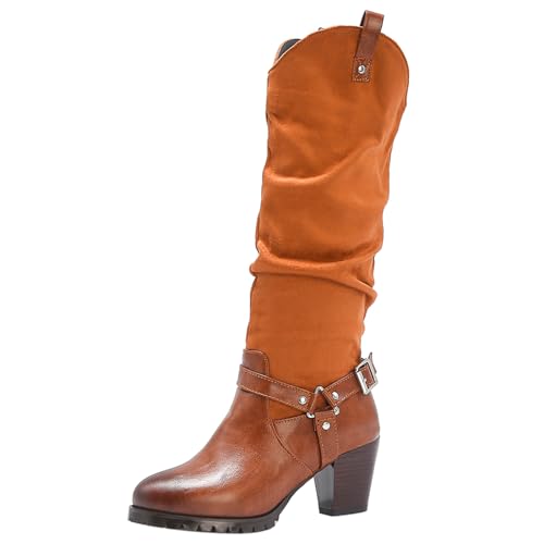 Joliss Donna Tacco Medio Stivali con Imbracatura Punta Rotonda Senza Chiusura Stivali a Metà Polpaccio Retrò Tacco a Blocco Stivali Morbidi Chocolate Numero 39 EU/40Cn