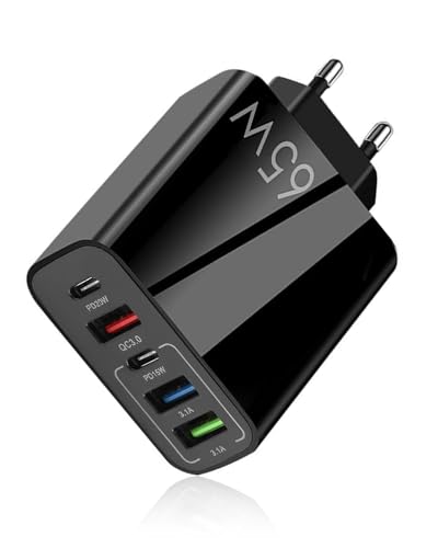 65W Cargador USB C Carga Rápida Cargador USB Múltiple 5 Puertos 2 Tipo C y 3 Tipo A Enchufe Multiple USB-C Adaptador de Corriente Fast Charge PD 3.0 Compatible con Samsung iPhone Huawei iPad 5V 2,4A