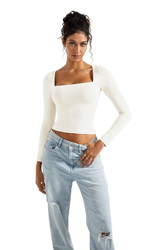 SUUKSESS Women Square Neck Long Sleeve Tops Double Lined Going Out T Shirts4