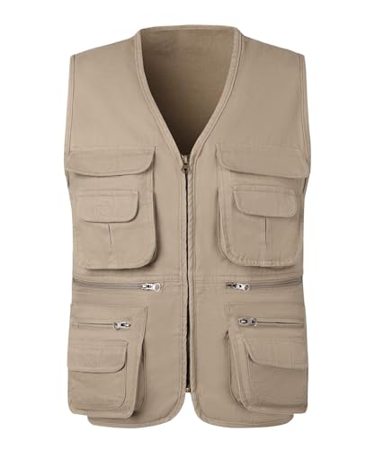 KTWOLEN Herren Outdoor Weste Baumwolle Anglerweste Freizeit Jagd Trekking Wander Angler Camping Safari Weste Ärmellos Jacke mit vielen praktischen Taschen, Beige, XL