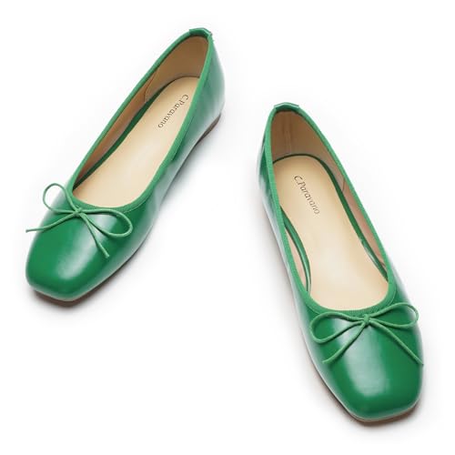 C.Paravano Women's Ballet Flats, Comfortable Slip On Round Toe Flat Shoes, Casual Walking Green Shoes for Women, Slip-On Bow Dressy Flats for Party Work Office (Size 6.5,Green)