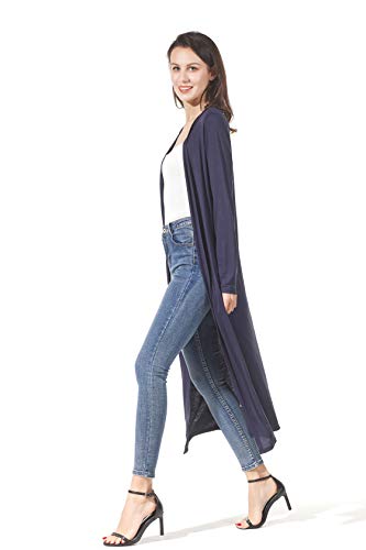 Image of Women's Solid Sweater Essential Duster Long Cascading Open Front Lightweight Blue Cardigan
