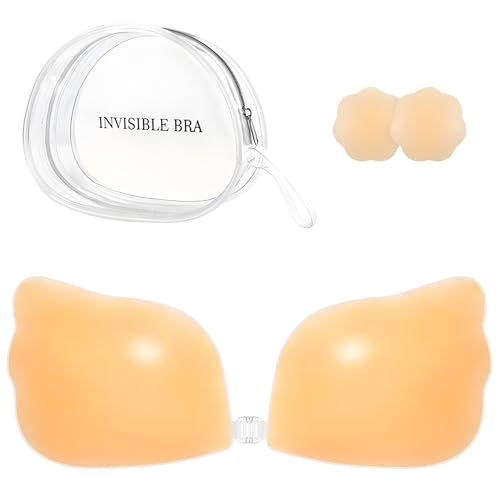 Adhesive Bra Strapless Ultra Sticky Invisible Push up Silicone Bra Reusable for Backless Dress (UK Cup & Band C Creme)