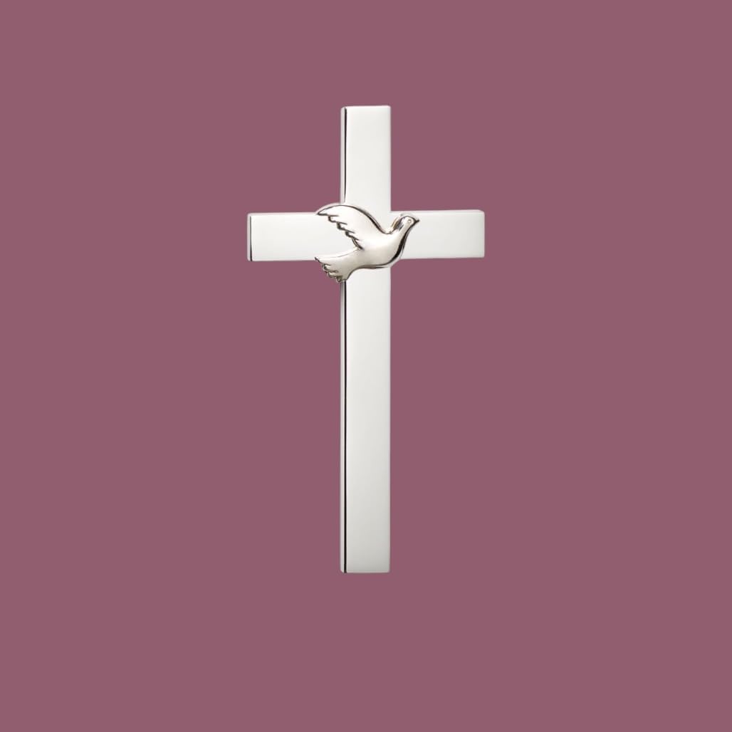 Roman Silver Confirmation Cross with Dove – Elegant Wall Cross for Christian Faith and Sacramental Gift – Inspirational Religious Home Décor