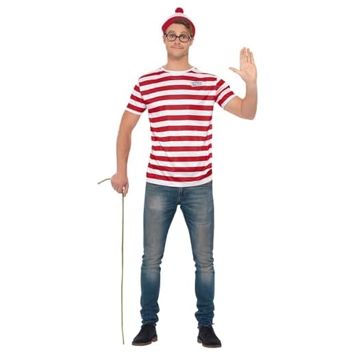 Smiffys Disfraz de ¿Dónde está Wally?, Rojo y blanco, con camiseta, gorra y gafas Halloween