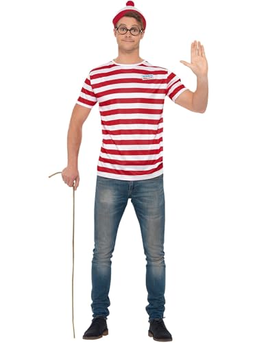 Smiffys Disfraz de ¿Dónde está Wally?, Rojo y blanco, con camiseta, gorra y gafas Halloween, Carnaval