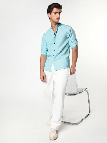 Image of Urbano Fashion Men's Linen Blend Full Sleeve Relaxed Fit Mandarin Collar Casual Solid Shirt
