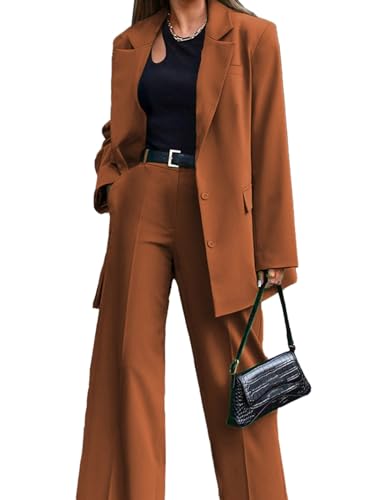 HOTIAN Business Casual Suit Sets Women's 2 Piece Outfits Blazer Jacket and Wide Leg Pants with Pockets