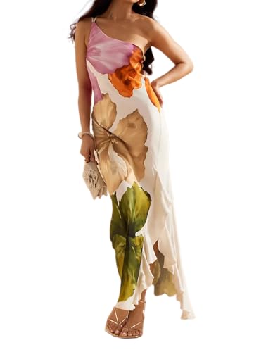 Women's Summer Maxi Casual Floral Ruffle High Low One Shoulder Club Party Long Split Dresses(01 M)