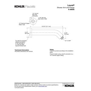 Brazo de ducha Kohler Loure con brida metalica de extension de pared K-99690-CP 5