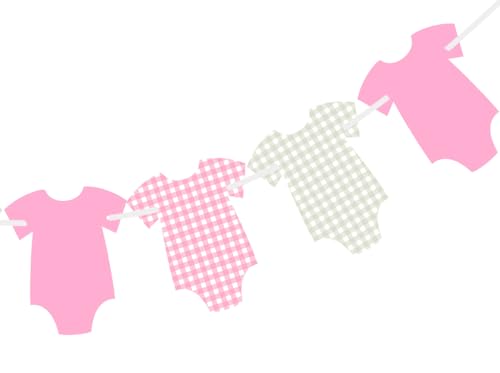 Image of Pre-Strung Pink Gingham Bodysuit Baby Shower Garland Banner - 9 Double-Sided Onesie Cards-Baby Shower Decoration for Girls, Pink Nursery Decor, Newborn Celebration Banner