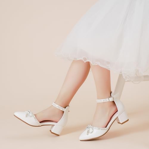 Image of LAURMOSA Girls Sandals Closed Toe High Heels Pointed Toe Ankle Strap Pumps Flower Girl Dressy Shoes in Wedding Party Cute Bowknot Chunky Block Heeled for Little Big Kids