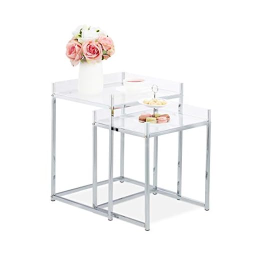 Relaxdays Set de 2 Mesas Auxiliares Cuadradas, Modernas, Mesitas Nido, Acrílico y Acero, 49 x 40 x 35 cm, Transparente