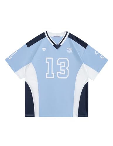 Aelfric Eden Jersey Shirts Color Blocking V-Neck Tee Oversized Vintage T Shirt Short Sleeve Casual Summer Tops Light Blue