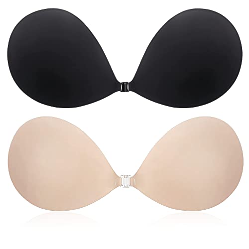 CatoFree Push Up Sticky Bra for Women 2 Pack Reusable Backless Strapless Invisible Adhesive Bra for Evening Dress-Nude+Black (UK Cup & Band C Nude+Black)
