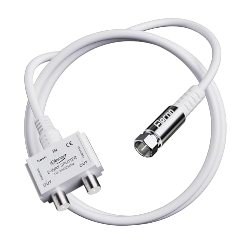 Elecan 2 Way Coaxial Splitter with 3 Ft Cable White Quad Shield Digital RF Signal RG6/RG59 Coax Distribution Outdoor Waterproof for CATV Off-Air Satellite Antenna Internet Modem OTA
