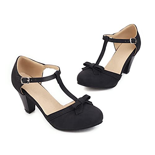Image of Elbslutt Women's Cute Retro Rockabilly Shoes T Strap Mary Janes Heels Chunky Cosplay Shoes Sweet Block Heeled Bow Pumps