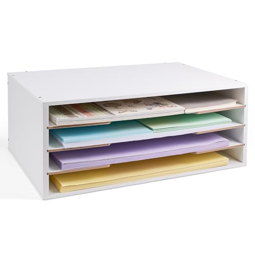Image of Yumkfoi 12x18 Construction Paper Organizer, 4-Tiers Paper Storage Shelf, Wooden Desk Organizer, File Holder and Letter Tray for Office, Home, Classroom