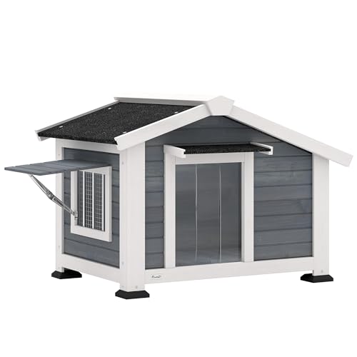 PawHut Hundehütte wetterfestes Hundehaus aus Holz mit herausnehmbarem Boden Asphaltdach öffnendem Fenster Türvorhang 98 x 76 x 69 5 cm Outdoor Hütte für mittelgroße Hunde bis 20 kg Indoor Outdoor Grau