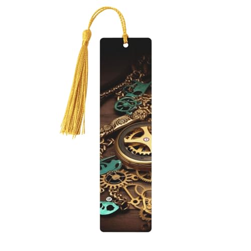 スチームパンク 時計 鍵とチェーン 木製しおり タッセルペンダント付き ユニーク ハンドメイド 木製 しおり ギフト クラフト ブックマーカー 本好き向け ページマーカー オーナメント 誕生日プレゼントに最適