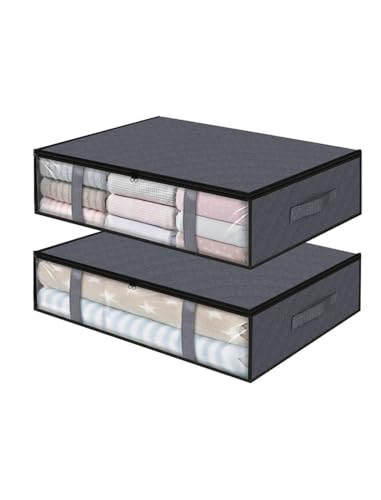 2-Pack Heavy-Duty Underbed Storage Bags with Clear View Window | Waterproof Zipper & 4 Reinforced Handles | Foldable Space-Saving Design for Clothes,Bedding,Blankets,Travel Organizers,Grey.