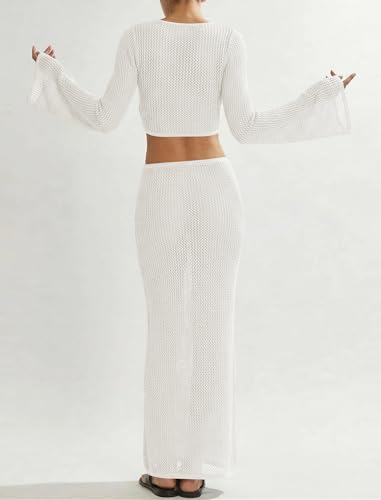 Image of Cakulo Women's Crochet Cover Up 2 Piece Beach Skirt Sets | Hollow Out, Tie Front Crop Tops, Bell Sleeve, Sarong Wraps, Swimsuit Bathing Suit Coverup, Resort Wear Beach Vacation Outfits