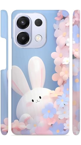 Image of White Bunny Blue Flowers Designer Printed Hard Back Cover for Oppo K13 5G Attractive and Uniquely Crafted Smartphone Case