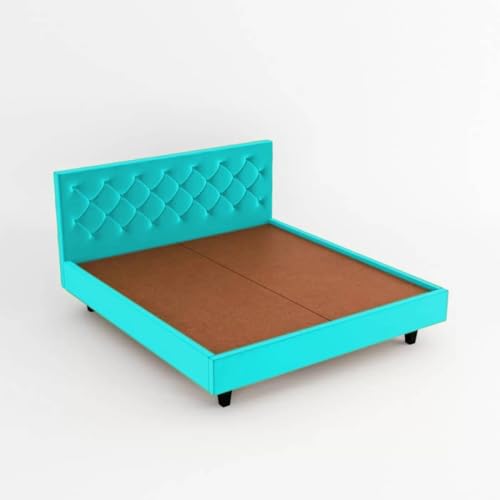 Image of Wooden Modern Upholstered King Size Bed for Bedroom | Wooden Double Bed Without Storage | Platform Cot Upholstered Bed with Upholstery Fabric | Engineered Wood | 6.5 x 6 Ft | Sky Blue