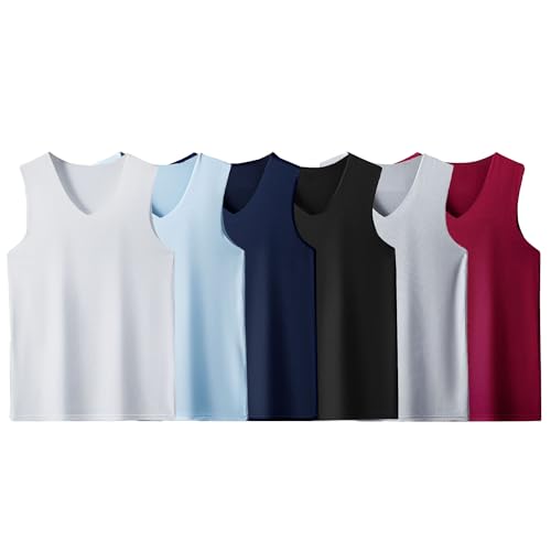JEKE-DG Men's Cotton Ice Silk Athletic Vest Slim Fit Casual Sleeveless T-Shirt V Neck Breathable Multipack Tank Top (W/LB/NB/B/G/R,L)