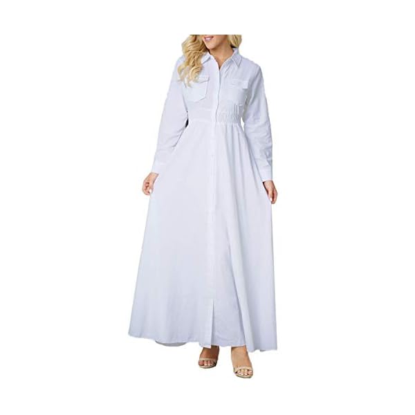Bodycon4U-Womens-Pleated-Long-Sleeve-Party-Cocktail-Long-Maxi-Button-Down-White-Shirt-A-line-Dress-Plus-Size-Pockets-Front Bodycon4U Women's Pleated Long Sleeve Party Cocktail Long Maxi Button Down White Shirt A-line Dress Plus Size Pockets Front XL