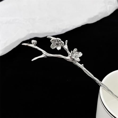 Image of S.A.V.I Silver Cherry Blossom Hair Stick for Women | Elegant Chinese Style Metal Hairpin | Unique Floral Branch Design Hair Accessories for Buns & Hairstyles | Traditional & Modern Look