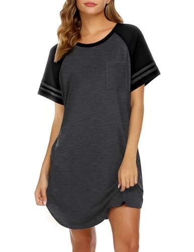 Image of Ekouaer Nightgowns for Women Color Block Sleep Shirt Short Sleeve Sleepwear