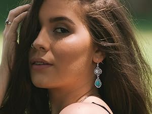 Western Earrings for Women Bohemian Silver Oval Teardrop Turquoise Earrings Dangle Western Country Cowgirl Jewelry Accessories Gift - Image 5