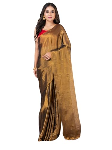 Image of Women's Tissue Cotton Saree | Plain Lightweight Tassel Pallu Saree with Blouse