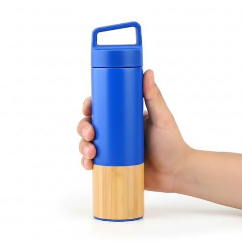 600 ml Bambu Tabanlı Kulplu Çelik Termos Mug - 5 Renk Seçenekli Sıcak/Soğuk Tutucu Seyahat Bardağı (Mavi)