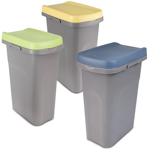 3x 40L Mülleimer Küche gelb grün blau, Mülleimer 3 Fächer, Mülltrennsystem 3fach, Mülltonne, Abfalleimer Küche, Mistkübel, Gelber Sack Mülleimer, Papiermülleimer mit Deckel, Müll, Mülleimer Groß