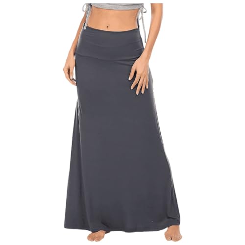 Jupe mi-longue évasée froncée taille haute extensible pour femme