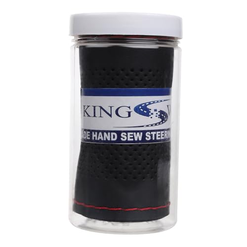 Image of KINGSWAY PU Leatherite Car Steering Cover Sewable Compatible with Ford Figo (Year 2008-2014), Black Color with Red Thread, Pack of 1 with Sewing Needle and Thread