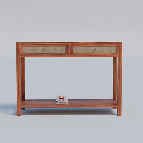 Image of Solid Wood Console Table with 2 Drawers & Bottom Shelf Storage for Living Room, Entryway, Hallway, Bedroom & Office | Honey Finish | 42 x 15 x 30 Inch