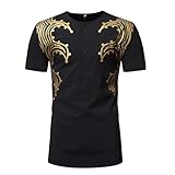 Men's African Style Shirt Hidden Button Short Sleeve T-Shirt Gold Printed Dashiki Top